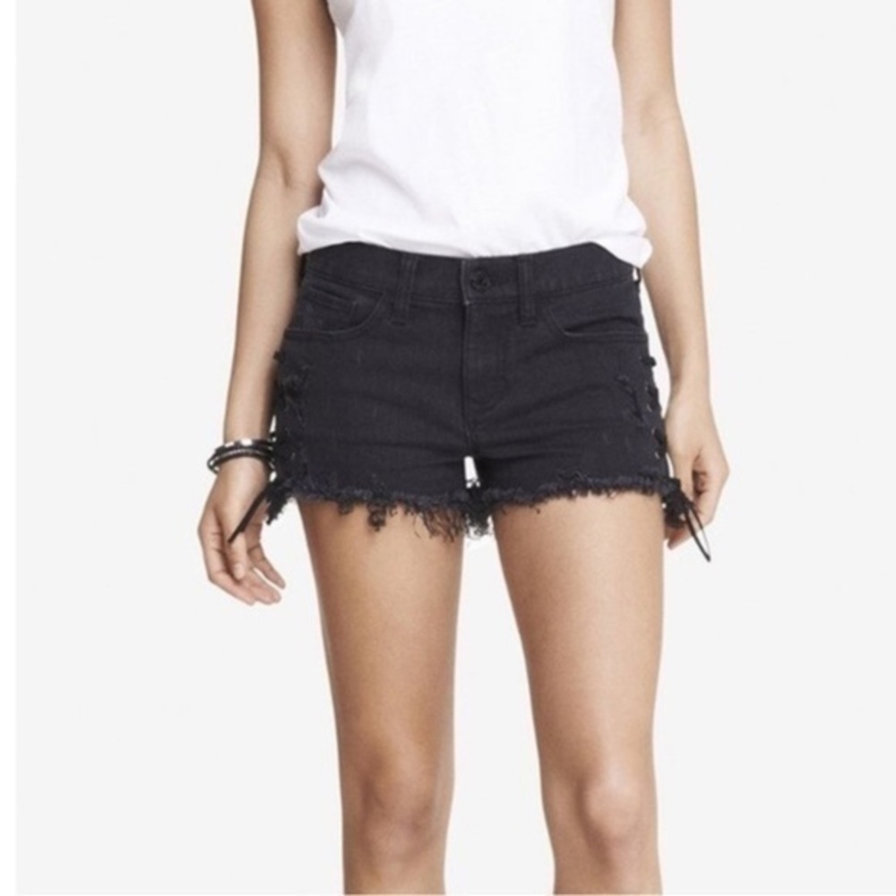 New Y2K Black Distressed Midrise Faux Denim Shorts